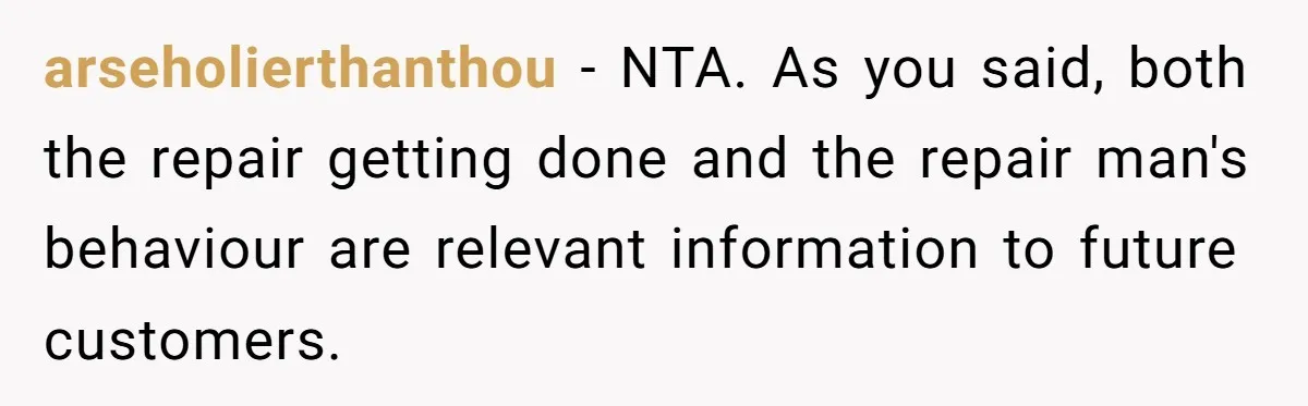 arseholierthanthou − NTA. As you said, both the repair getting done and the repair man's behaviour are relevant information to future customers.