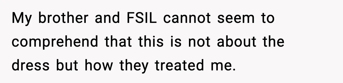 My brother and FSIL cannot seem to comprehend that this is not about the dress but how they treated me.