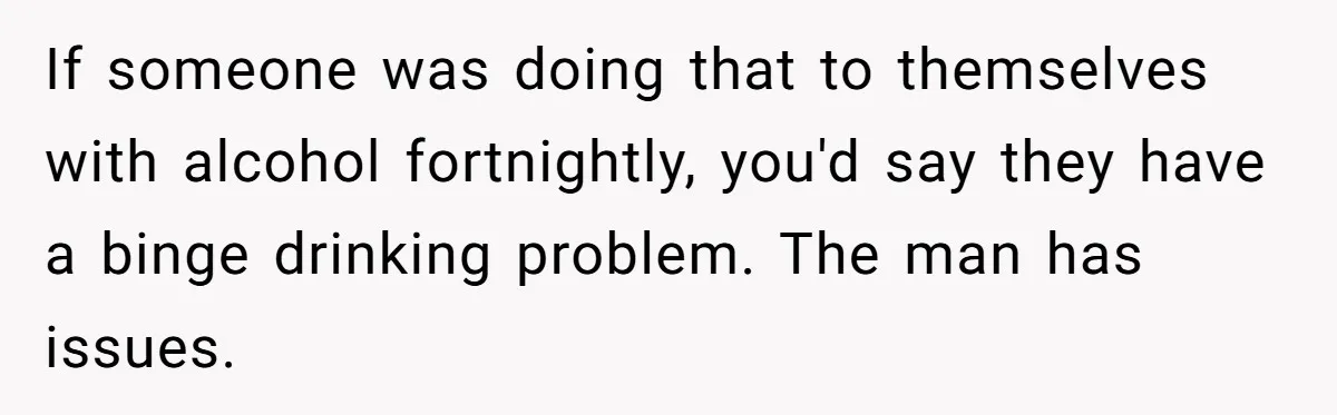Husband Timed His Allergic Reactions With Wife's Day Off, She Stopped Responding If someone was doing that to themselves with alcohol fortnightly, you'd say they have a binge drinking problem. The man has issues.