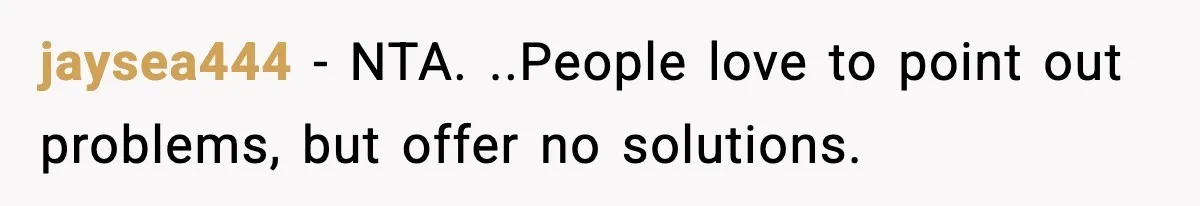 jaysea444 − NTA. ..People love to point out problems, but offer no solutions.
