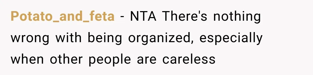 Potato_and_feta − NTA There's nothing wrong with being organized, especially when other people are careless