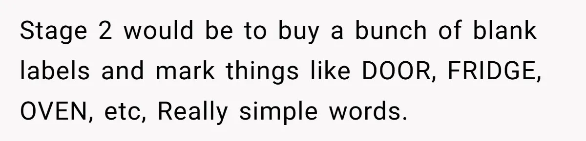 Stage 2 would be to buy a bunch of blank labels and mark things like DOOR, FRIDGE, OVEN, etc, Really simple words.