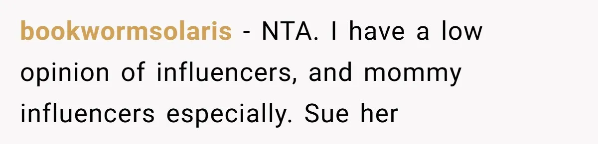 bookwormsolaris − NTA. I have a low opinion of influencers, and mommy influencers especially. Sue her