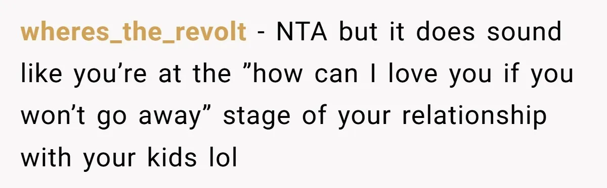 wheres_the_revolt − NTA but it does sound like you’re at the ”how can I love you if you won’t go away” stage of your relationship with your kids lol