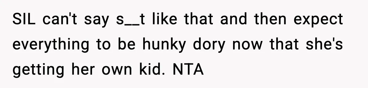 SIL can't say s__t like that and then expect everything to be hunky dory now that she's getting her own kid. NTA