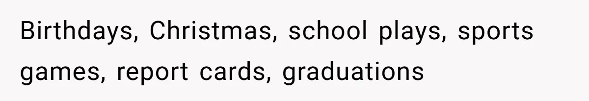 Birthdays, Christmas, school plays, sports games, report cards, graduations