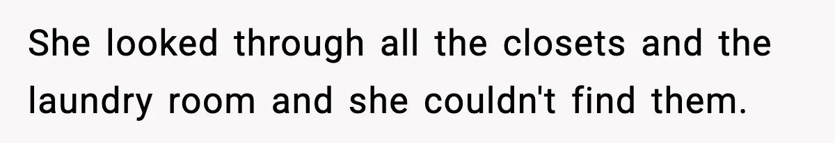 She looked through all the closets and the laundry room and she couldn't find them.