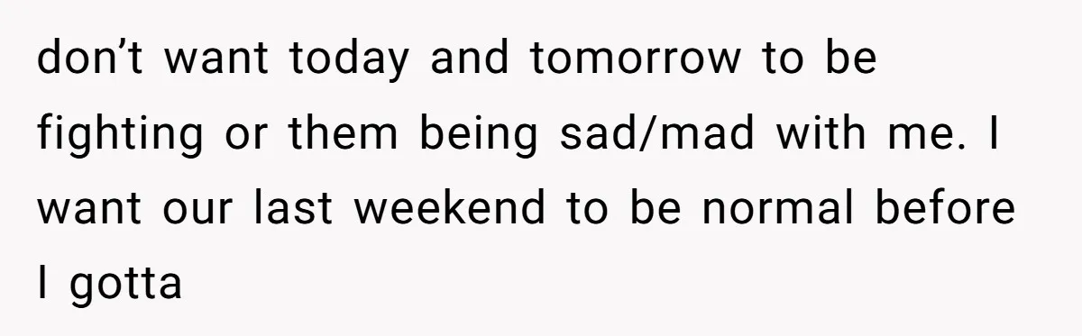 don’t want today and tomorrow to be fighting or them being sad/mad with me. I want our last weekend to be normal before I gotta