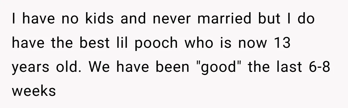 I have no kids and never married but I do have the best lil pooch who is now 13 years old. We have been "good" the last 6-8 weeks