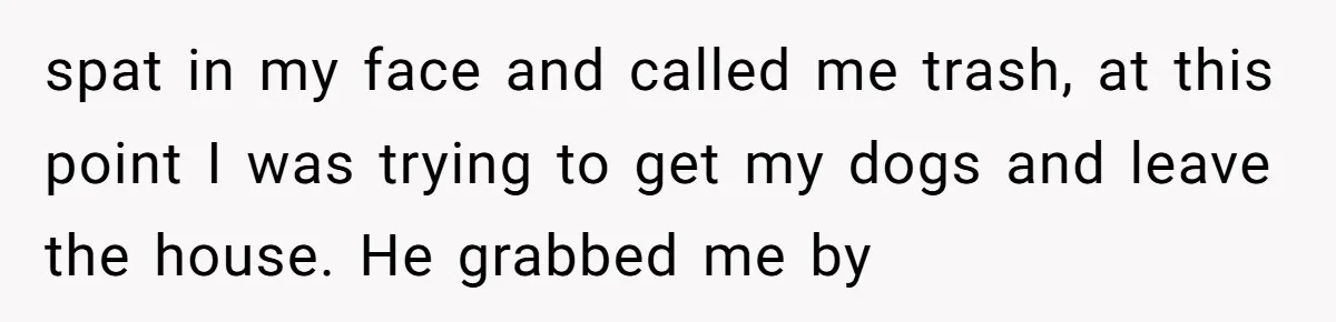 spat in my face and called me trash, at this point I was trying to get my dogs and leave the house. He grabbed me by