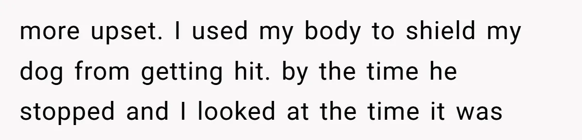more upset. I used my body to shield my dog from getting hit. by the time he stopped and I looked at the time it was