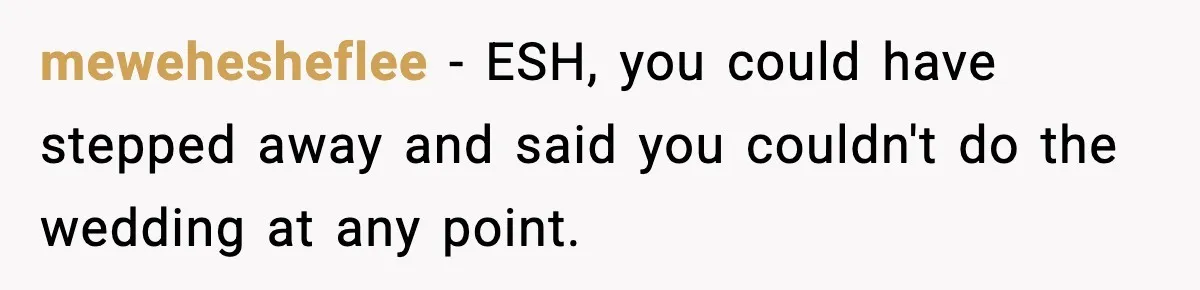 mewehesheflee − ESH, you could have stepped away and said you couldn't do the wedding at any point.