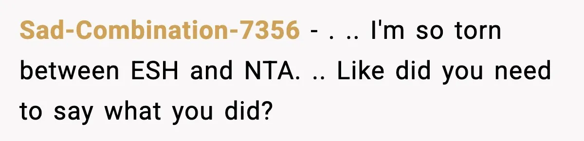 Sad-Combination-7356 − . .. I'm so torn between ESH and NTA. .. Like did you need to say what you did?