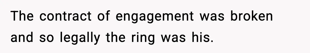 The contract of engagement was broken and so legally the ring was his.