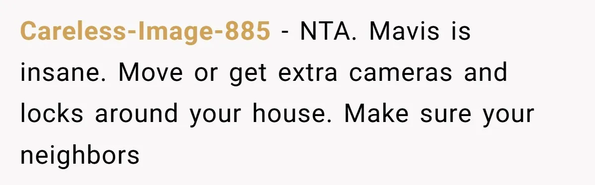 When A Redditor’s Courtroom Victory Turned Into A Spicy Showdown Careless-Image-885 − NTA. Mavis is insane. Move or get extra cameras and locks around your house. Make sure your neighbors