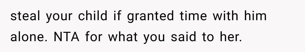 When A Redditor’s Courtroom Victory Turned Into A Spicy Showdown steal your child if granted time with him alone. NTA for what you said to her.
