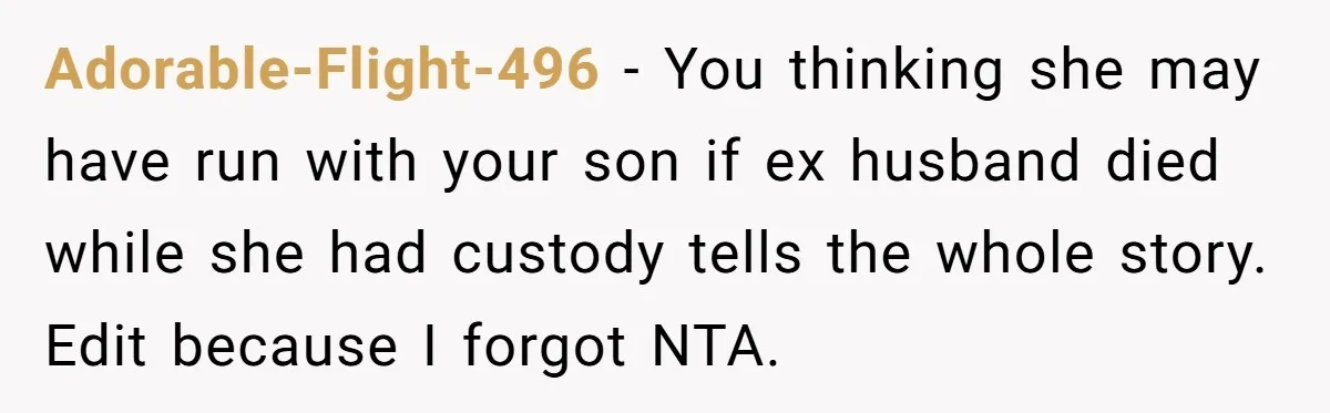 When A Redditor’s Courtroom Victory Turned Into A Spicy Showdown Adorable-Flight-496 − You thinking she may have run with your son if ex husband died while she had custody tells the whole story. Edit because I forgot NTA.