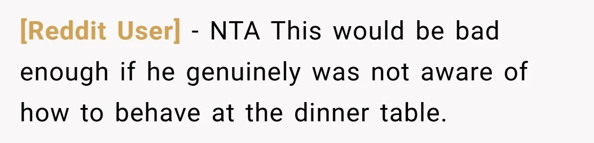 [Reddit User] − NTA This would be bad enough if he genuinely was not aware of how to behave at the dinner table.