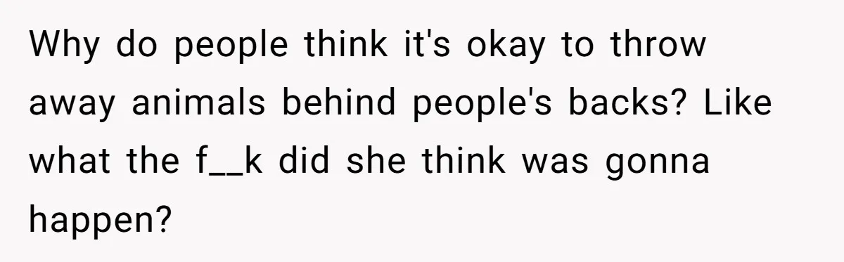 Why do people think it's okay to throw away animals behind people's backs? Like what the f__k did she think was gonna happen?