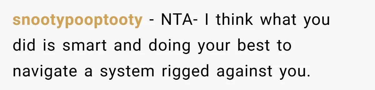 snootypooptooty − NTA- I think what you did is smart and doing your best to navigate a system rigged against you.