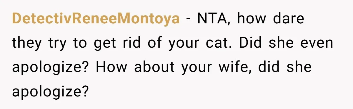 DetectivReneeMontoya − NTA, how dare they try to get rid of your cat. Did she even apologize? How about your wife, did she apologize?