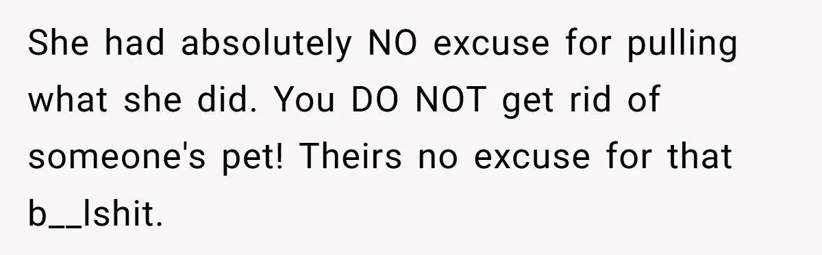 She had absolutely NO excuse for pulling what she did. You DO NOT get rid of someone's pet! Theirs no excuse for that b__lshit.