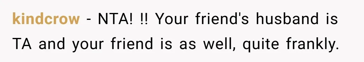 kindcrow − NTA! !! Your friend's husband is TA and your friend is as well, quite frankly.