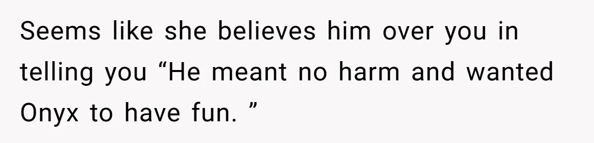 Seems like she believes him over you in telling you “He meant no harm and wanted Onyx to have fun. ”