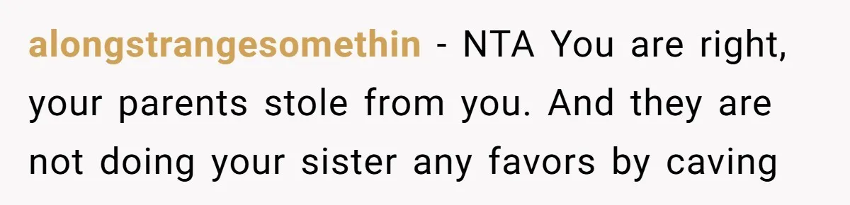 alongstrangesomethin − NTA You are right, your parents stole from you. And they are not doing your sister any favors by caving