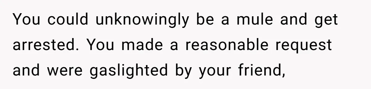 Friend Demands She Smuggle “Sensitive” Package Overseas, Refuses To Let Her Open It You could unknowingly be a mule and get arrested. You made a reasonable request and were gaslighted by your friend,