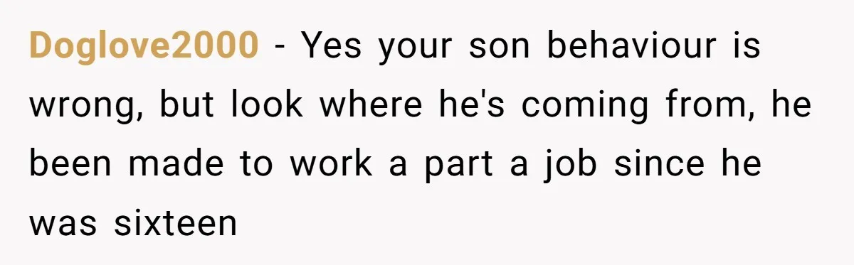 Doglove2000 − Yes your son behaviour is wrong, but look where he's coming from, he been made to work a part a job since he was sixteen