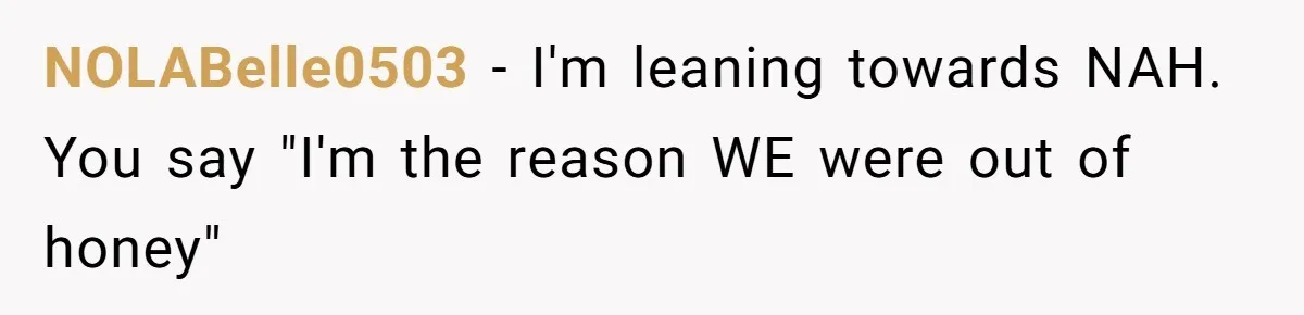 NOLABelle0503 − I'm leaning towards NAH. You say "I'm the reason WE were out of honey"