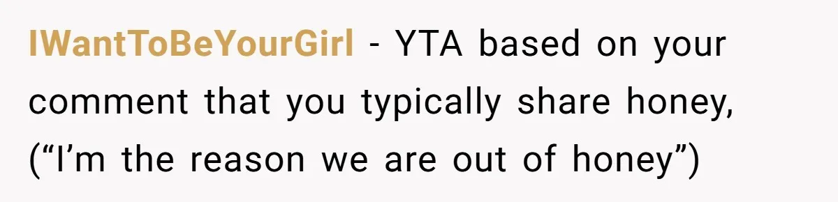 IWantToBeYourGirl − YTA based on your comment that you typically share honey, (“I’m the reason we are out of honey”)