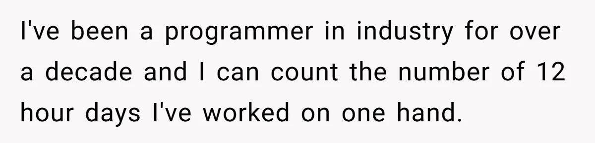 I've been a programmer in industry for over a decade and I can count the number of 12 hour days I've worked on one hand.