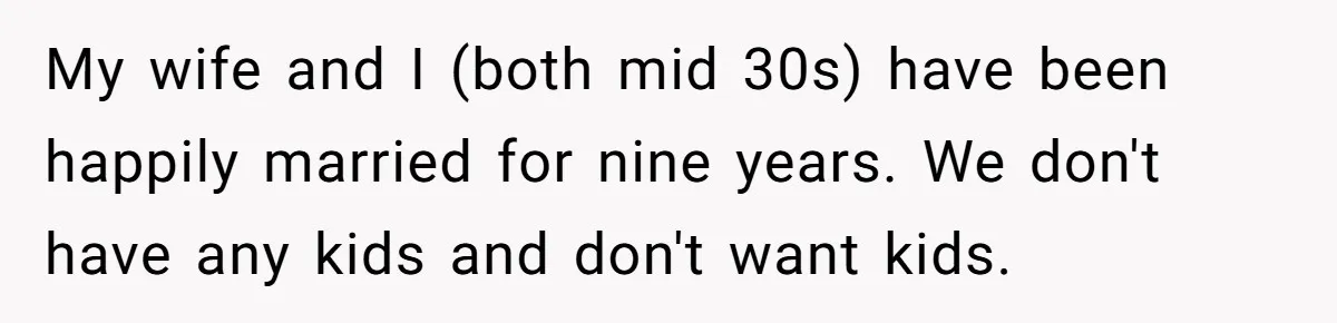 My wife and I (both mid 30s) have been happily married for nine years. We don't have any kids and don't want kids.
