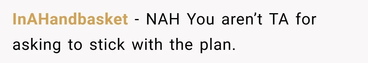 InAHandbasket − NAH You aren’t TA for asking to stick with the plan.