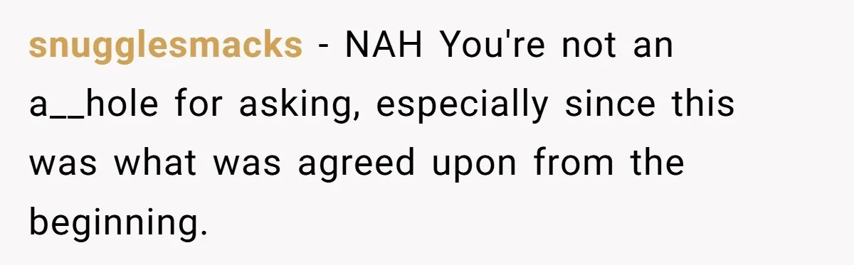 snugglesmacks − NAH You're not an a__hole for asking, especially since this was what was agreed upon from the beginning.