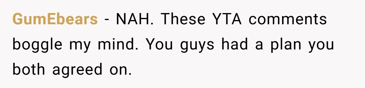 GumEbears − NAH. These YTA comments boggle my mind. You guys had a plan you both agreed on.