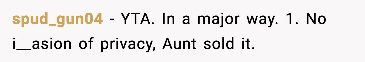 spud_gun04 − YTA. In a major way. 1. No i__asion of privacy, Aunt sold it.