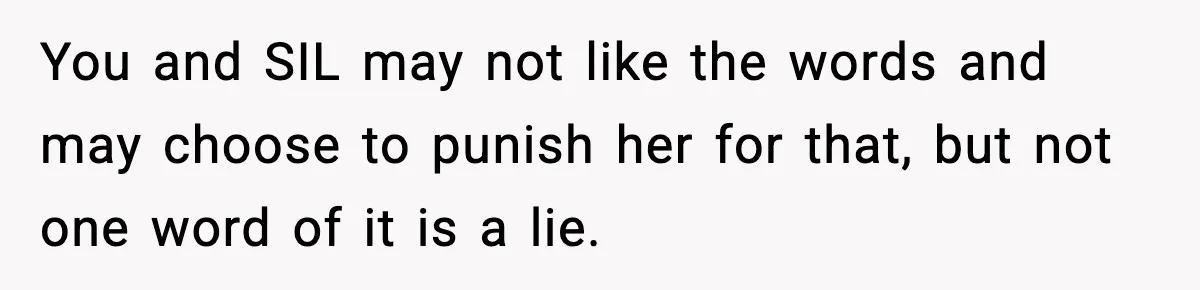 You and SIL may not like the words and may choose to punish her for that, but not one word of it is a lie.