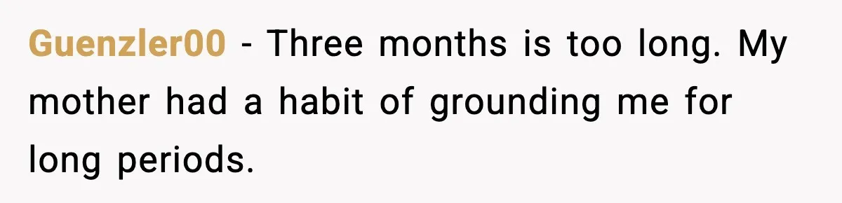 Guenzler00 − Three months is too long. My mother had a habit of grounding me for long periods.