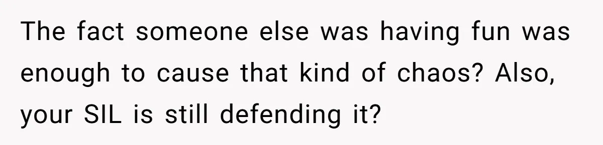 The fact someone else was having fun was enough to cause that kind of chaos? Also, your SIL is still defending it?