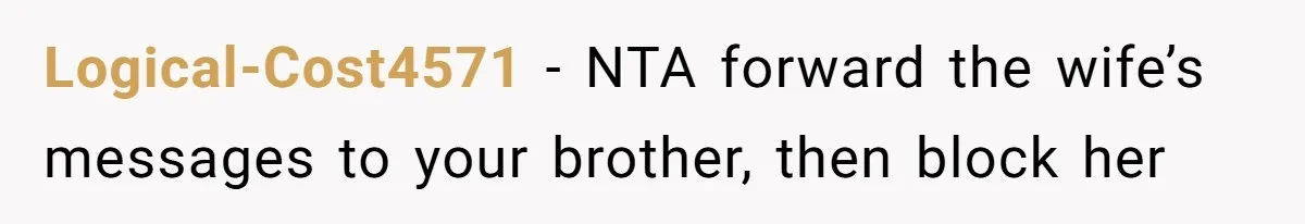 Logical-Cost4571 − NTA forward the wife’s messages to your brother, then block her