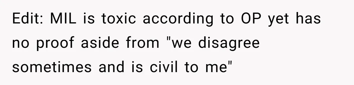 Edit: MIL is toxic according to OP yet has no proof aside from "we disagree sometimes and is civil to me"
