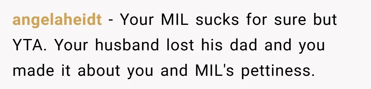 angelaheidt − Your MIL sucks for sure but YTA. Your husband lost his dad and you made it about you and MIL's pettiness.