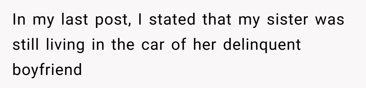 In my last post, I stated that my sister was still living in the car of her delinquent boyfriend