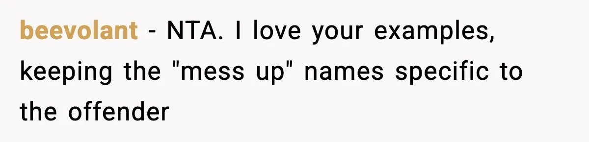 beevolant − NTA. I love your examples, keeping the "mess up" names specific to the offender