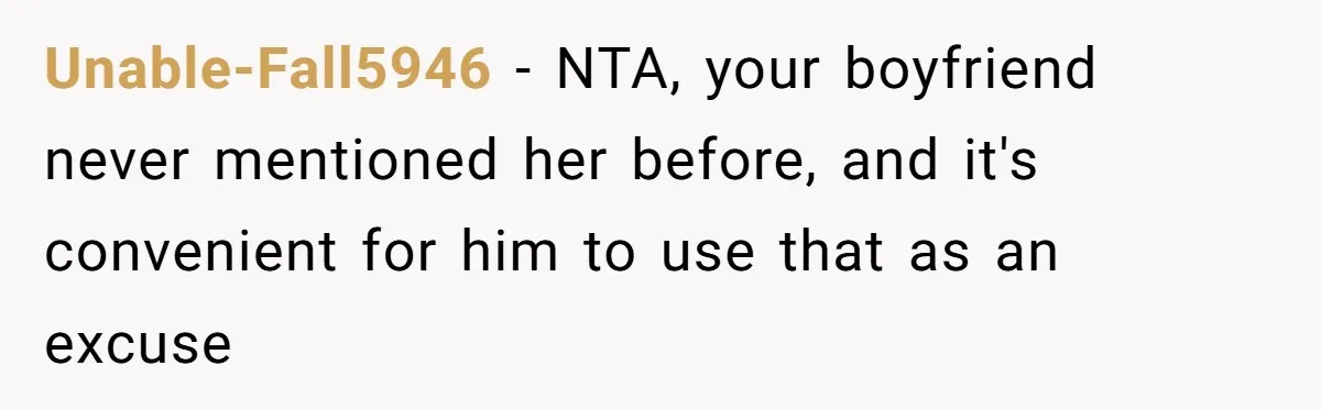 Unable-Fall5946 − NTA, your boyfriend never mentioned her before, and it's convenient for him to use that as an excuse