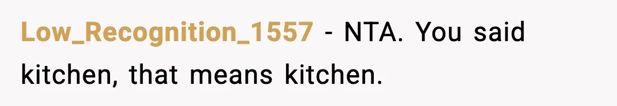 Low_Recognition_1557 − NTA. You said kitchen, that means kitchen.