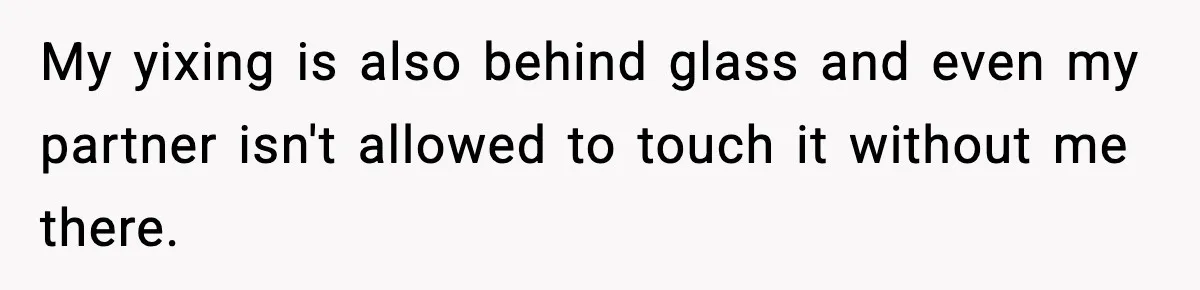 My yixing is also behind glass and even my partner isn't allowed to touch it without me there.